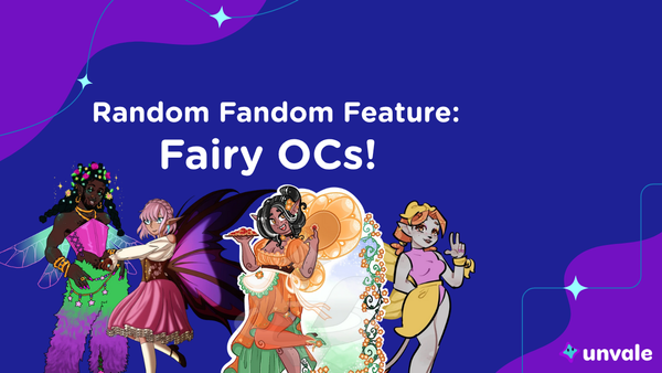 A blue and purple graphic with four characters that reads "Random Fandom Feature: Fairy OCs!"
