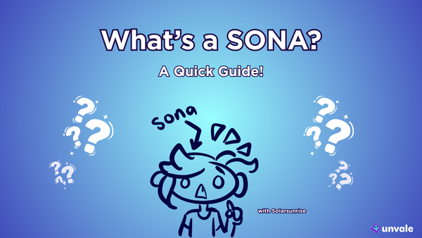 Light and regular blue gradient background. Text reads "What's a SONA? A Quick Guide!". A doodle of Solar realizing she is actually a persona of her creator.