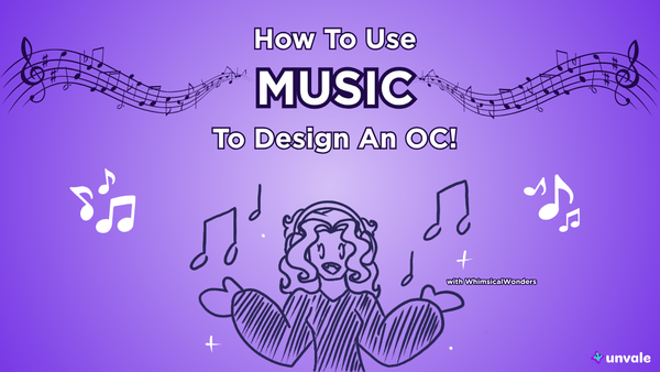 Light and regular purple gradient background. Text reads "How To Use MUSIC To Design An OC!". A doodle of Whimsy jamming to some tunes.