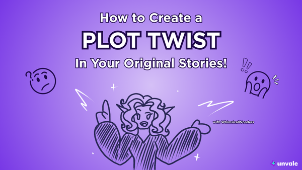 Light and regular purple gradient background. Text reads "How to Create a PLOT TWIST In Your Original Stories". A doodle of Whimsy surrounded by puzzled/shocked expressions