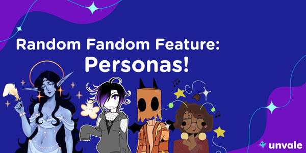 A blue and purple graphic with five characters that reads "Random Fandom Feature: Personas!"