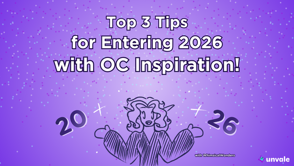Light and regular purple gradient background. Text reads "Top 3 Tips for Entering 2026 with OC Inspiration!". A doodle of Whimsy surrounded by confetti and the number 2026