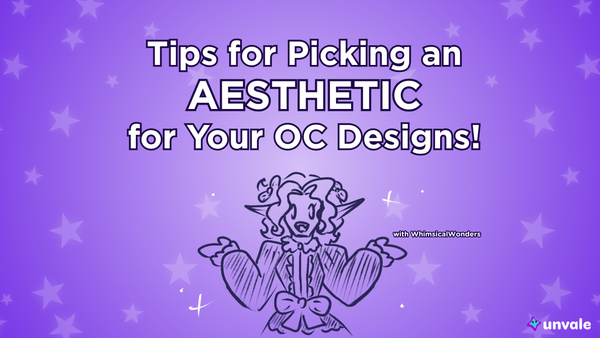 Light and regular purple gradient background. Text reads "Tips on Picking an Aesthetic for Your OC's Design!". A doodle of Whimsy dressed as a wizard in a fantasy setting